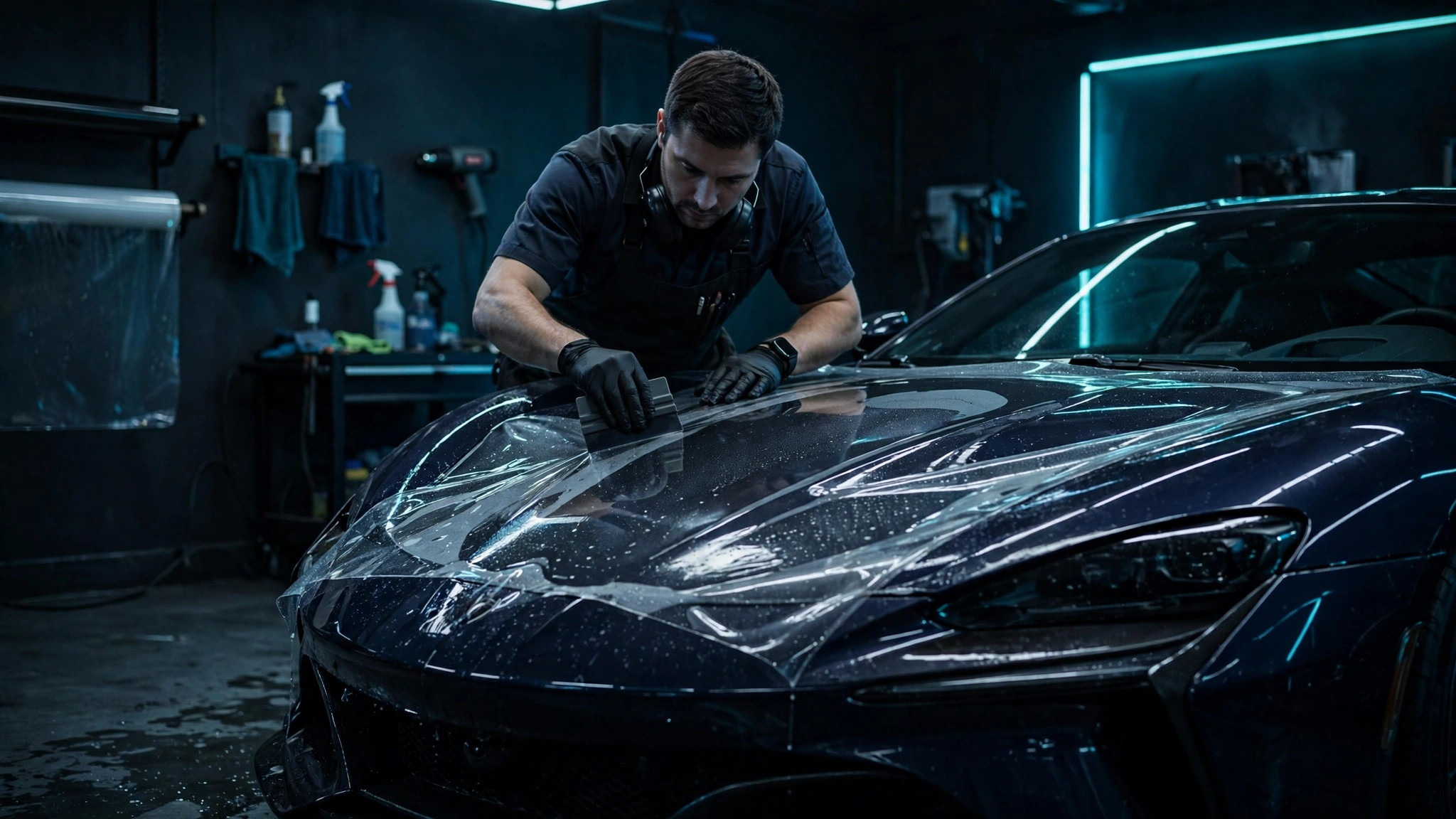 Paint protection film being installed on a car hood at ENY Motors