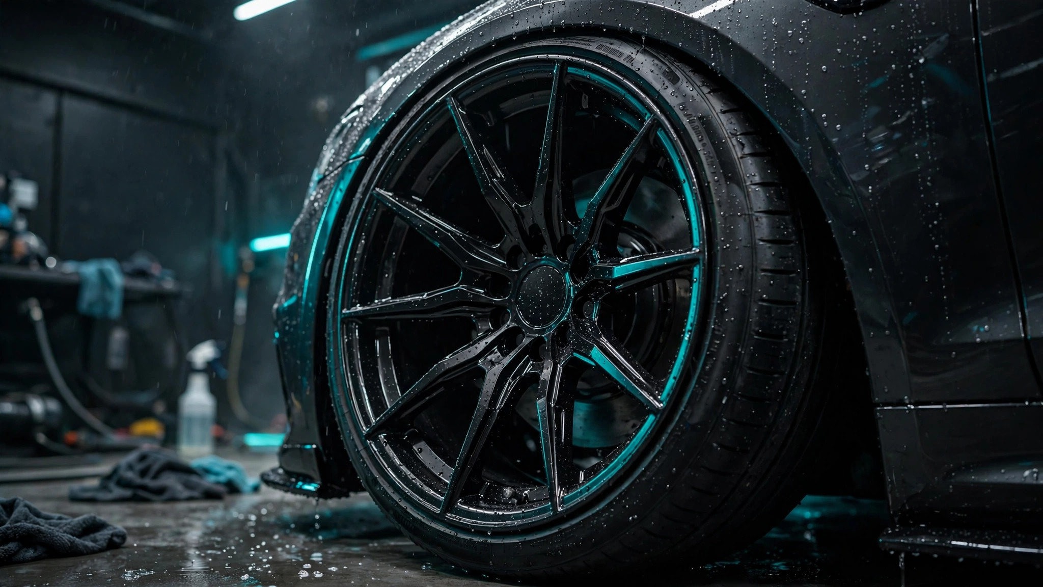 Freshly detailed black custom wheel with water beading at ENY Motors