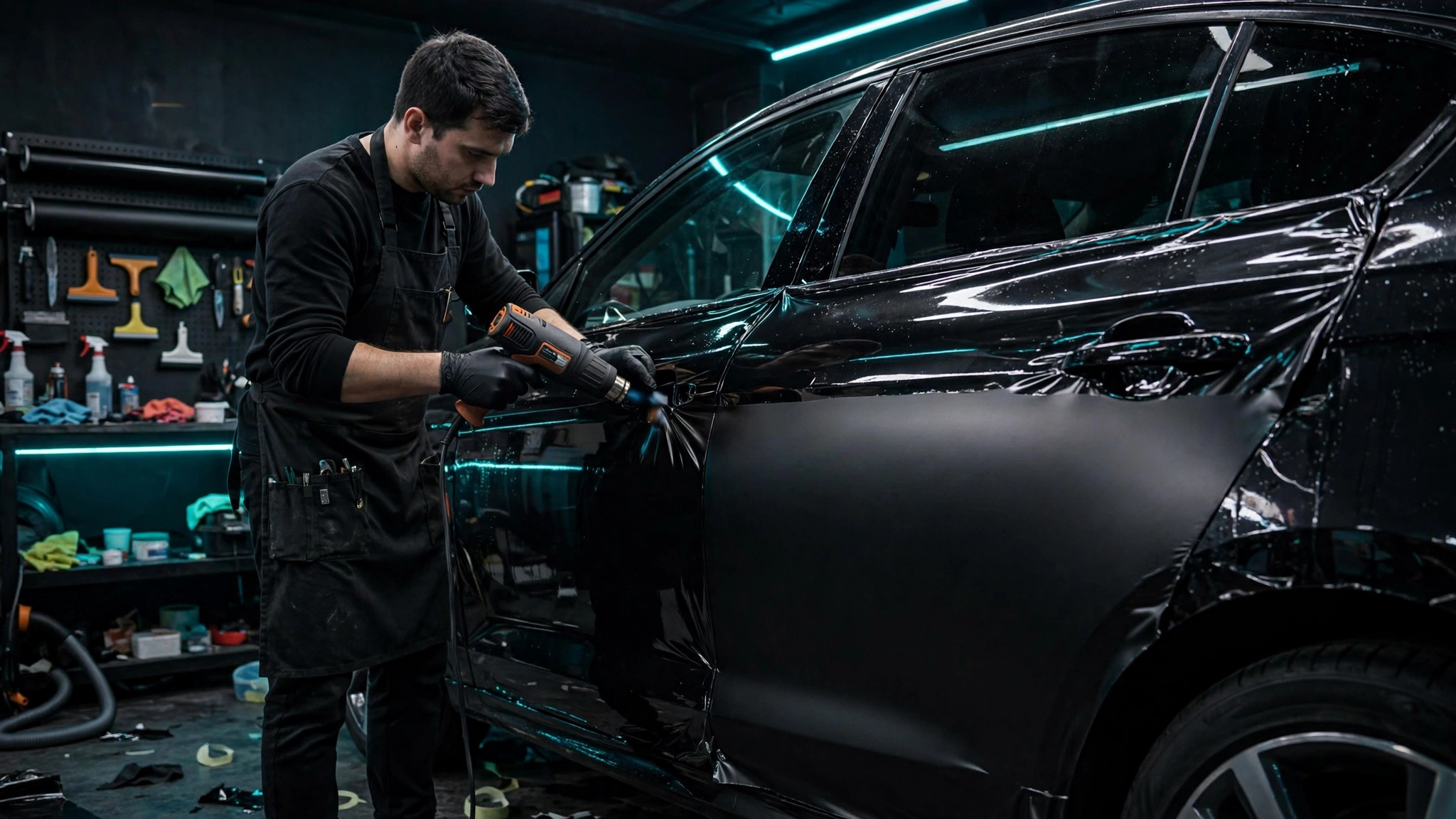 Vinyl wrap being applied to a car door at ENY Motors